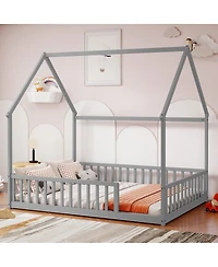 Streamdale Furniture Full Size House Floor Bed with Roof, Guardrails