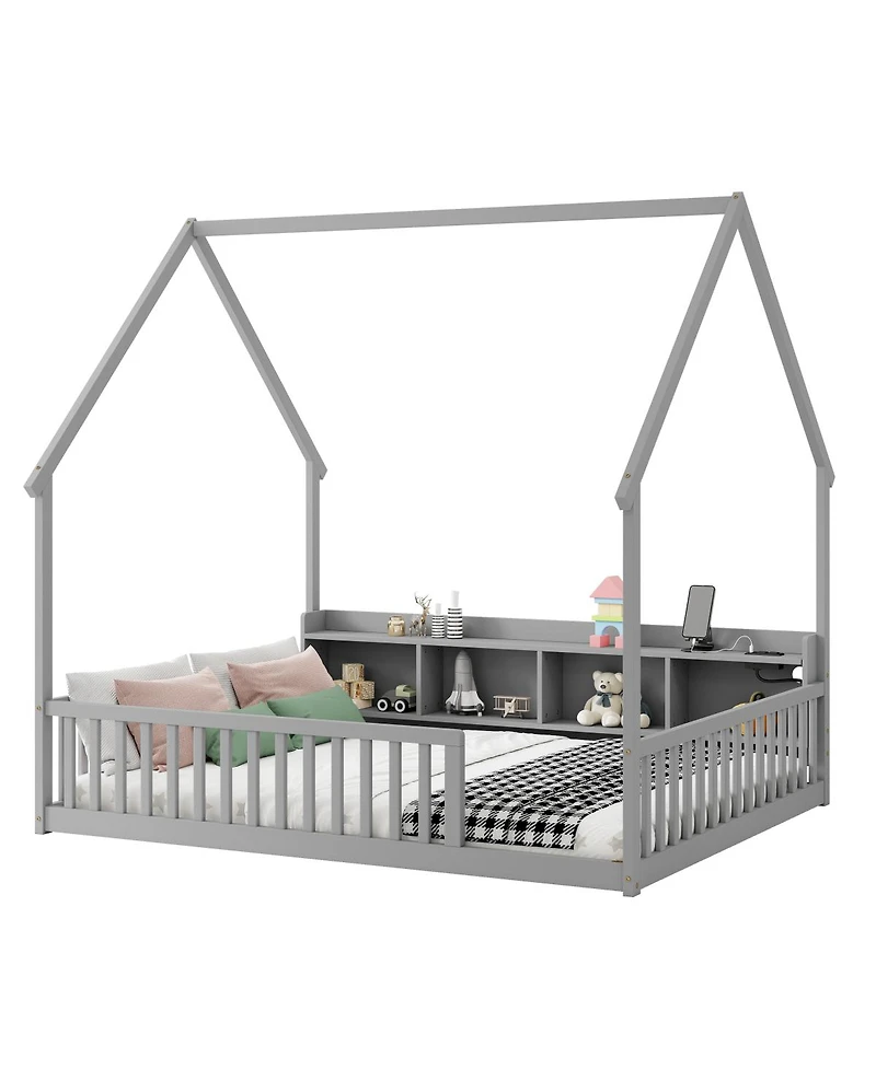 Streamdale Furniture Full House Floor Bed with Storage, Led, Charging Station and Guardrails