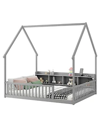 Streamdale Furniture Full House Floor Bed with Storage, Led, Charging Station and Guardrails