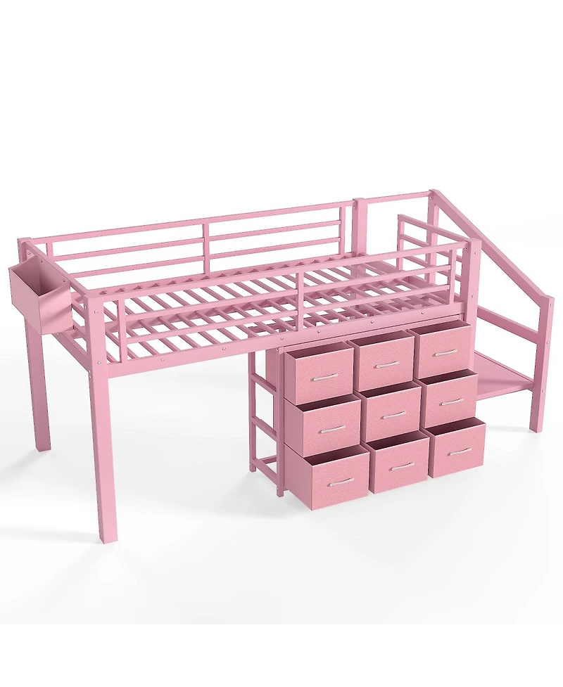 Streamdale Furniture Twin Low Loft Bed with Storage Stairs, Fabric Drawers, Lights