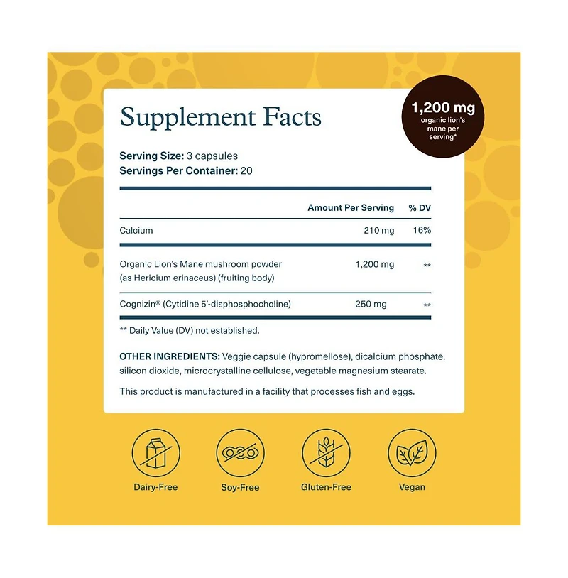 Youtheory Lion's Mane Plus Mushroom Supplement with Cognizin Offers Focus and Brain Support 60 Vegetarian Capsules