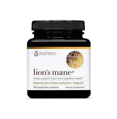 Youtheory Lion's Mane Plus Mushroom Supplement with Cognizin Offers Focus and Brain Support 60 Vegetarian Capsules