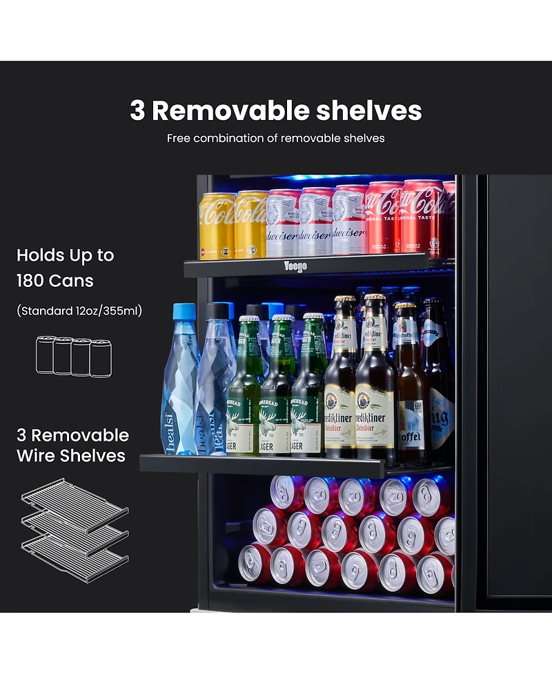 Yeego Beverage Refrigerator, 180 Cans Beverage Cooler, 24 inch , 34-54 , Built-in Beverage Fridge, Glass Door, for Home
