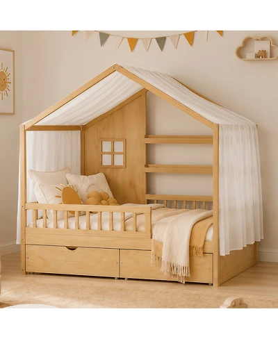 Streamdale Furniture Montessori Kids Full Floor Bed with Roof, Guardrails and 2 Drawers