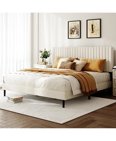 Streamdale Furniture King Size Velvet Upholstered Platform Bed with Adjustable Headboard