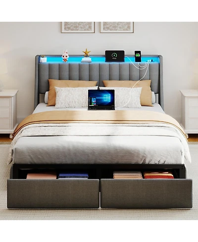 Streamdale Furniture Queen Led Bed Frame with Charging Station and Storage Drawers