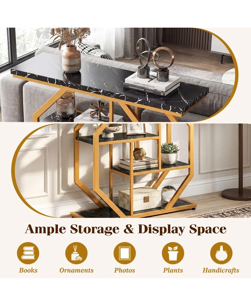 Sugift 4-Tier Modern Sofa Table Behind Couch with Faux Marble Top and Geometric Metal Frame