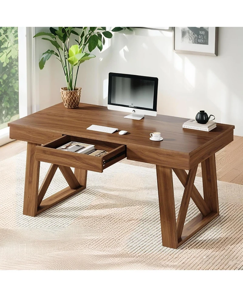 Tribesigns 55 Inches Walnut Computer Desk with Drawer, Mid-Century Farmhouse Executive Desk, Rustic Wide Desktop Home Office Desk for Workstation