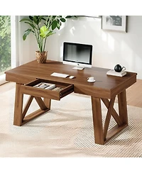 Tribesigns 55 Inches Walnut Computer Desk with Drawer, Mid-Century Farmhouse Executive Desk, Rustic Wide Desktop Home Office Desk for Workstation
