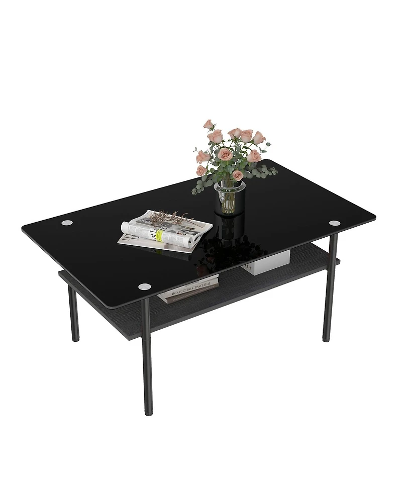Streamdale Furniture Modern Glass Coffee Table with Wood Shelf, Metal Legs, 38.6