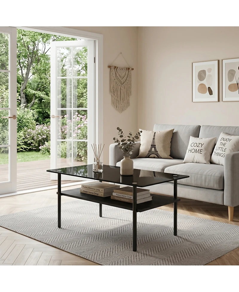 Streamdale Furniture Modern Glass Coffee Table with Wood Shelf, Metal Legs, 38.6