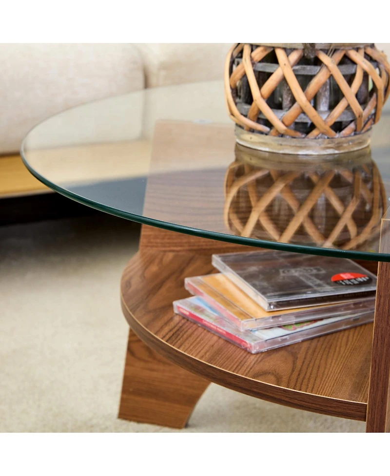 Streamdale Furniture Round Tempered Glass Coffee Table, Walnut Grain Pedestal Base, 31.5