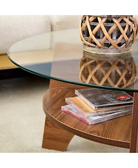 Streamdale Furniture Round Tempered Glass Coffee Table, Walnut Grain Pedestal Base, 31.5