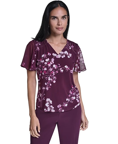 Calvin Klein Women's V-Neck Floral Chiffon Blouse