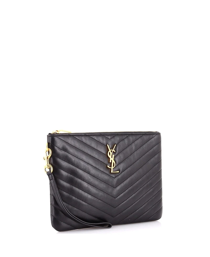 Pre-Owned Saint Laurent Small Classic Monogram Wristlet Pouch Matelasse Chevron Leather