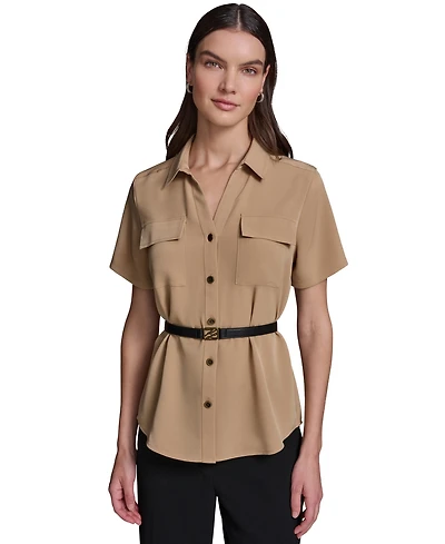 Karl Lagerfeld Paris Women's Short-Sleeve Belted Woven Top