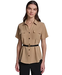 Karl Lagerfeld Paris Women's Short-Sleeve Belted Woven Top