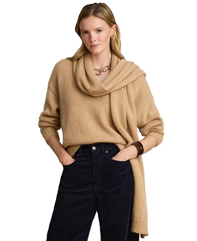 Lauren Ralph Women's Lofty Mohair Blend-Long Detachable Scarf V-Neck Sweater