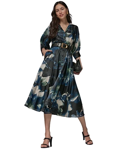 Donna Karan New York Petite Printed Belted Midi Shirt Dress