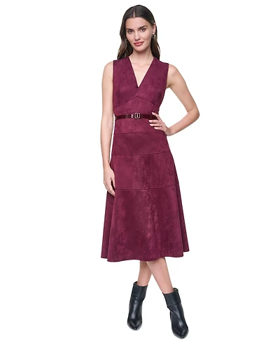 Dkny Women's Sleeveless V-Neck Buckle Belt Midi Dress