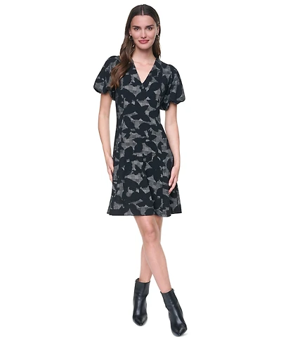 Dkny Women's Short Bubble Sleeve V-Neck Fit and Flare Dress
