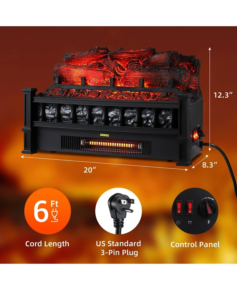 homfan 20" Electric Fireplace Log Insert Heater, 1500W Freestanding Space Heater - Thermostat Knob Control - 5 Flame Brightness Levels
