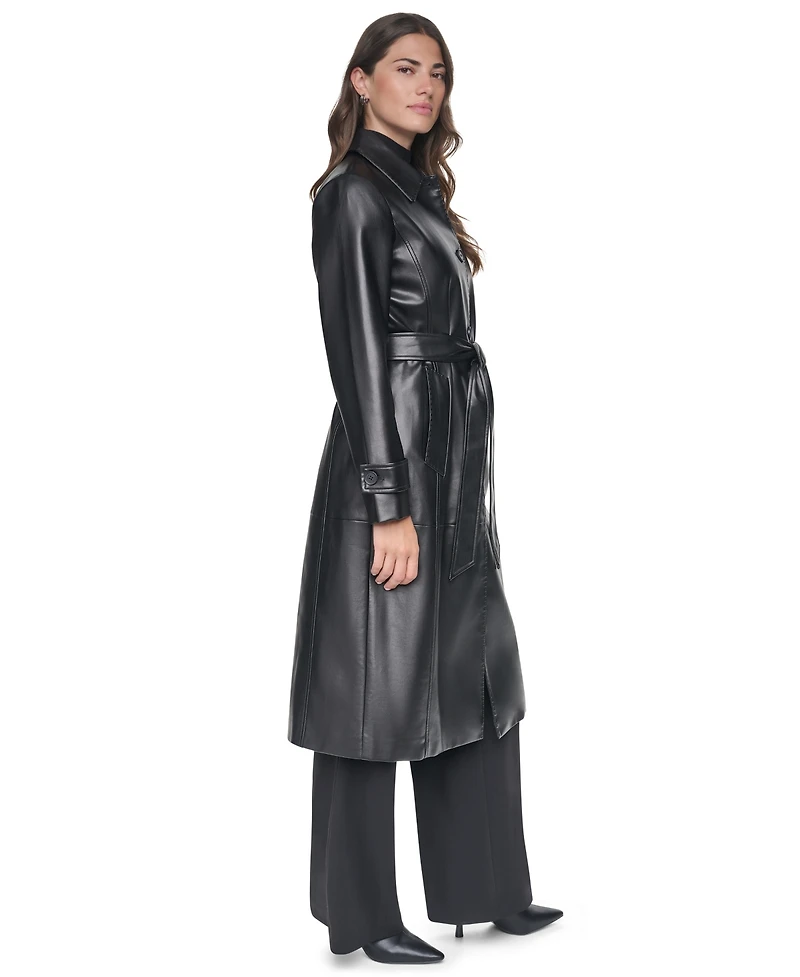 Dkny Women's Belted Long Faux Leather Trench Coat
