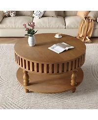 Rainsken 31.5" Farmhouse Coffee Table, 2-Tier Wood Center Table with Storage, Flip-Top Lids and Fluted Trim for Living Room, Apartment Office
