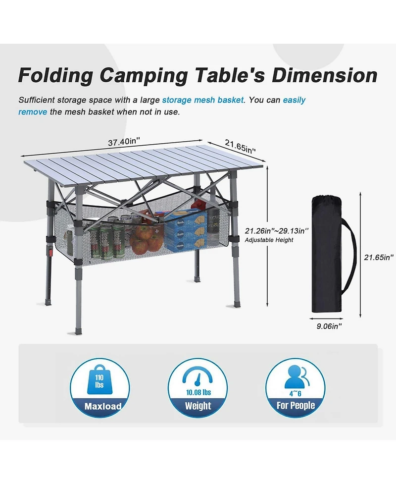 Piscifun Portable Camping Table Adjustable Height Aluminum Roll Up Folding Picnic Storage Basket Outdoor