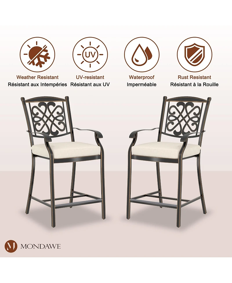 Mondawe 4-Piece Outdoor Bar Stool Set with Decorative Backrests and Beige Cushions