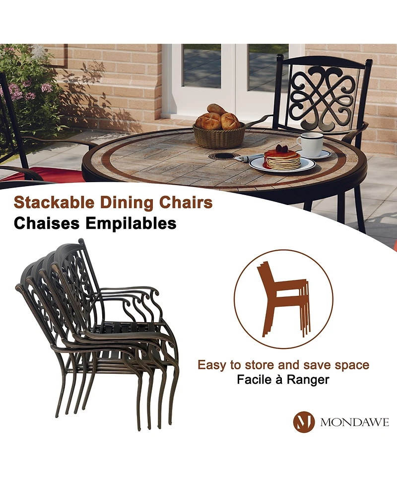 Mondawe 4-Piece Patio Dining Chair Set with Decorative Backrests and Red Cushions