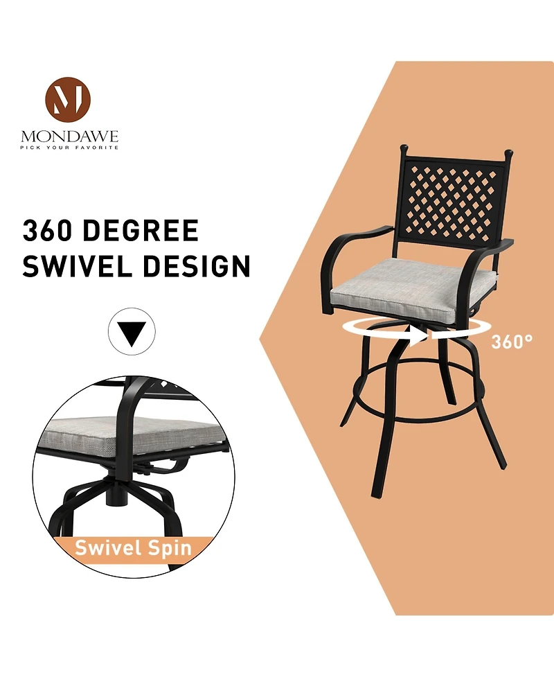 Mondawe 2-Piece Outdoor Swivel Bar Stool Set with High Backrests and Beige Cushions