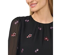 CeCe Women's Beaded Long-Sleeve Double Ruffle Cuff with Shirred Neck Blouse