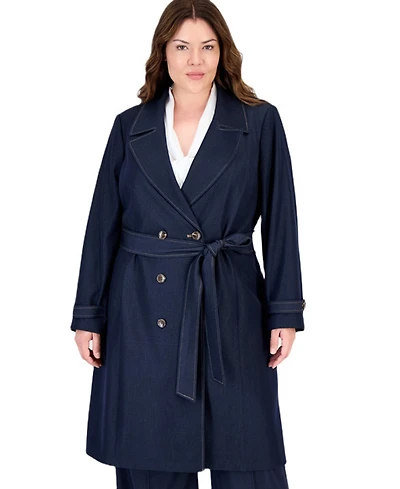 Tahari Plus Denim Double-Breasted Long Trench