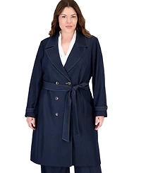 Tahari Plus Denim Double-Breasted Long Trench