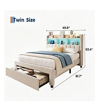 Gaomon Set of 2 Twin Platform Bed Frame with Charging Station and Storage Headboard, Heavy Duty, No Box Spring Needed, Easy Assembly