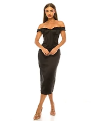 Alex & Sophia Women's Off-the-Shoulder Satin Corset-Style Midi Dress