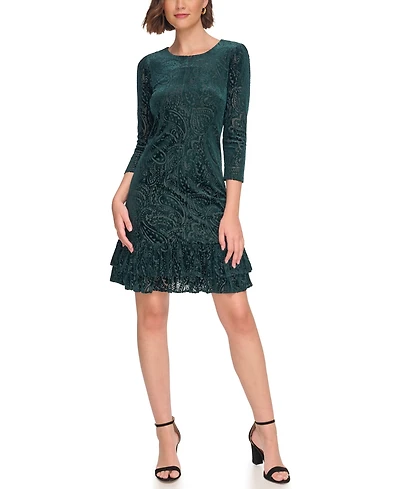 Tommy Hilfiger Petite Burnout Paisley 3/4-Sleeve Ruffle-Hem Dress