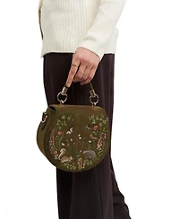 Fable England Charlotte Meadow Scene Embroidered Faux Suede Saddle Bag