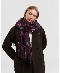 Fable England Women's Eve Floral Long Fringed Scarf in Burgundy