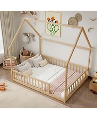 Streamdale Furniture Full Size House Floor Bed with Roof and Safety Guardrails