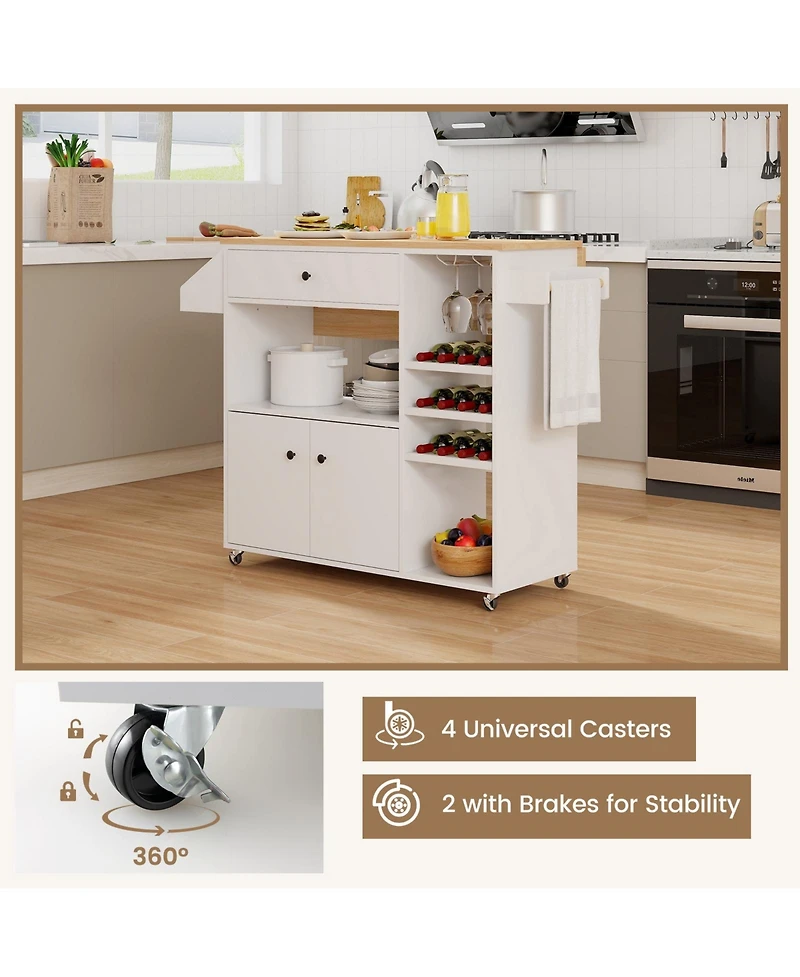 Volenca Rolling Kitchen Island Cart with Power Outlet, Drop Leaf and Casters