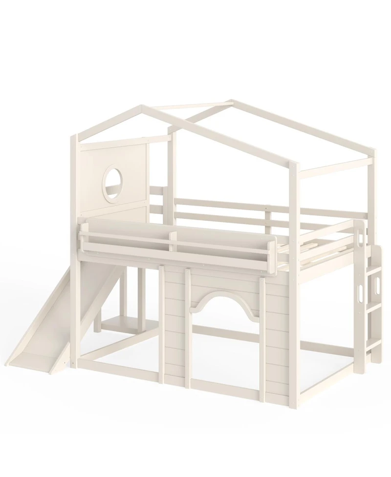 Streamdale Furniture Full Size House Loft Bed with Slide, Wardrobe and Bookshelves
