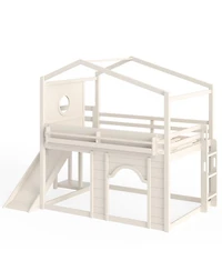 Streamdale Furniture Full Size House Loft Bed with Slide, Wardrobe and Bookshelves