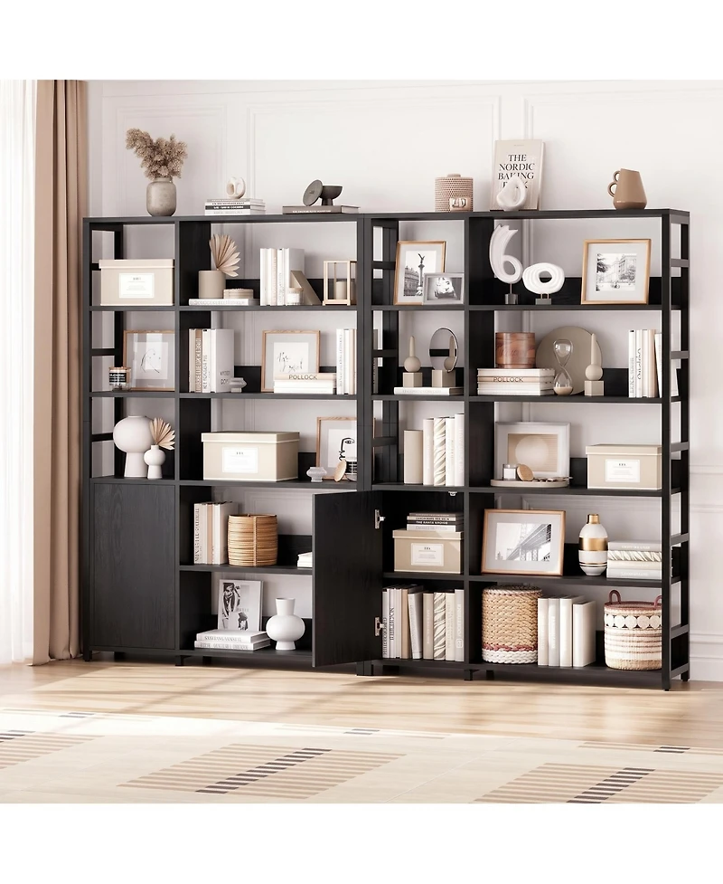 homfan 5 Tier Bookshelf with Doors, 71.1" Industrial Standing Shelf Metal Frame, Bookcase Adjustable and Rails for Living Room, Office