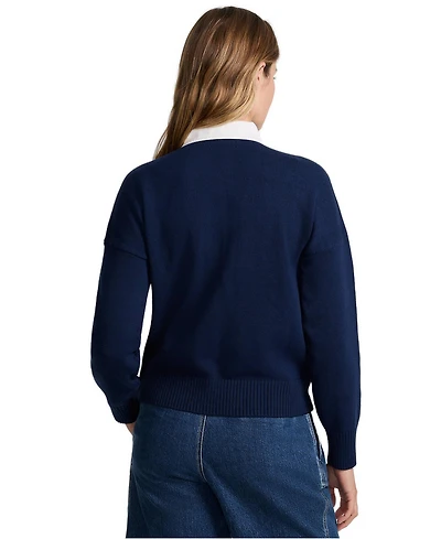 Lands' End Women's Drifter Jacquard Rugby with Woven Collar Sweater