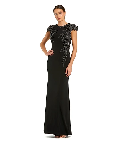 Mac Duggal Women's Beaded Floral Cap Sleeve Column Gown