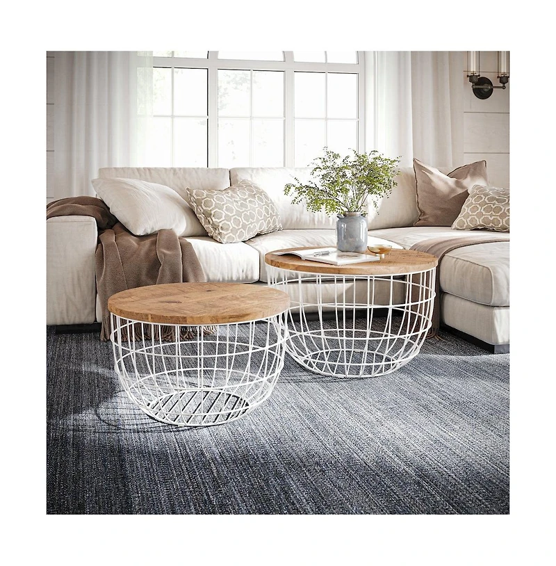Jofran Rondo Nested Storage Solid Wood and Metal Basket Coffee Tables (Set of 2)