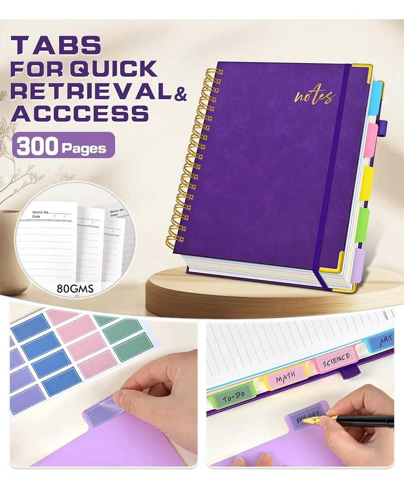 Danrong Leather Spiral Notebook 5 Subject Removable Dividers College Ruled 300 Pages