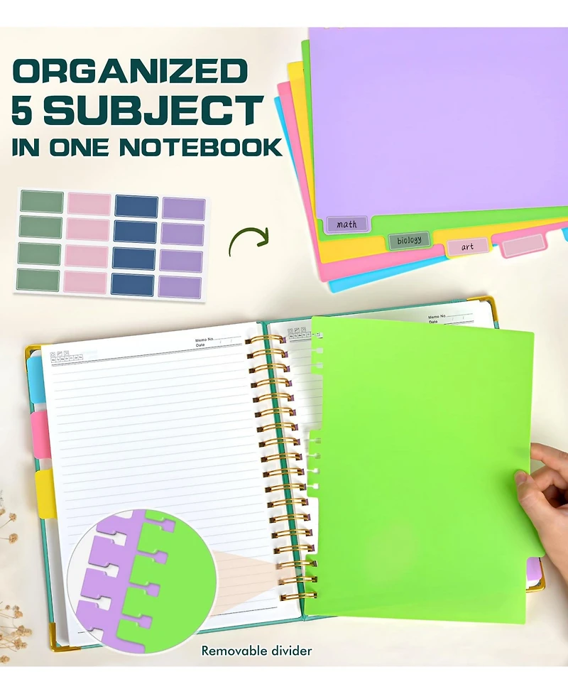 Danrong Leather Spiral Notebook 5 Subject Removable Dividers College Ruled 300 Pages